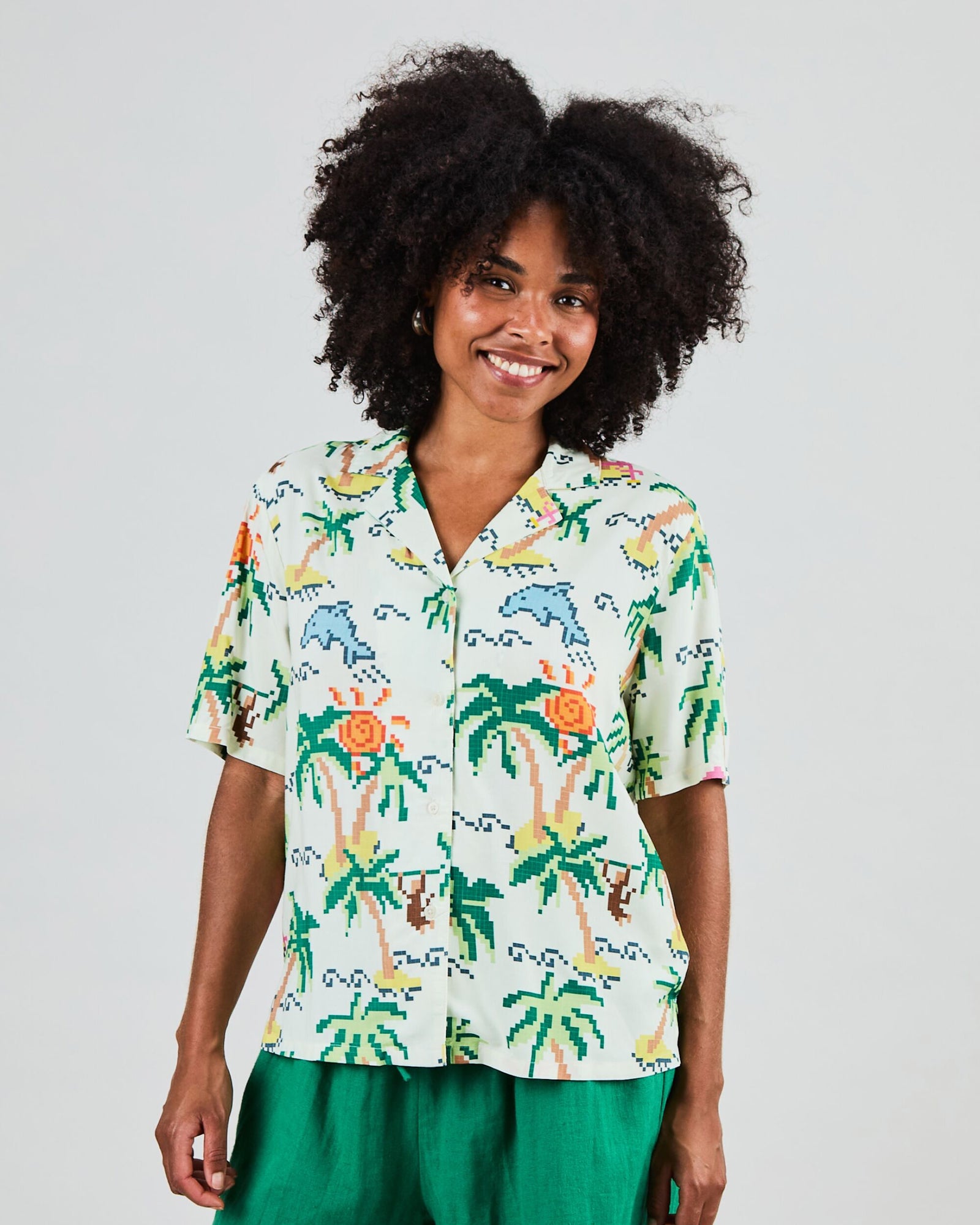 Tropical Pixel Aloha Blouse Ecru