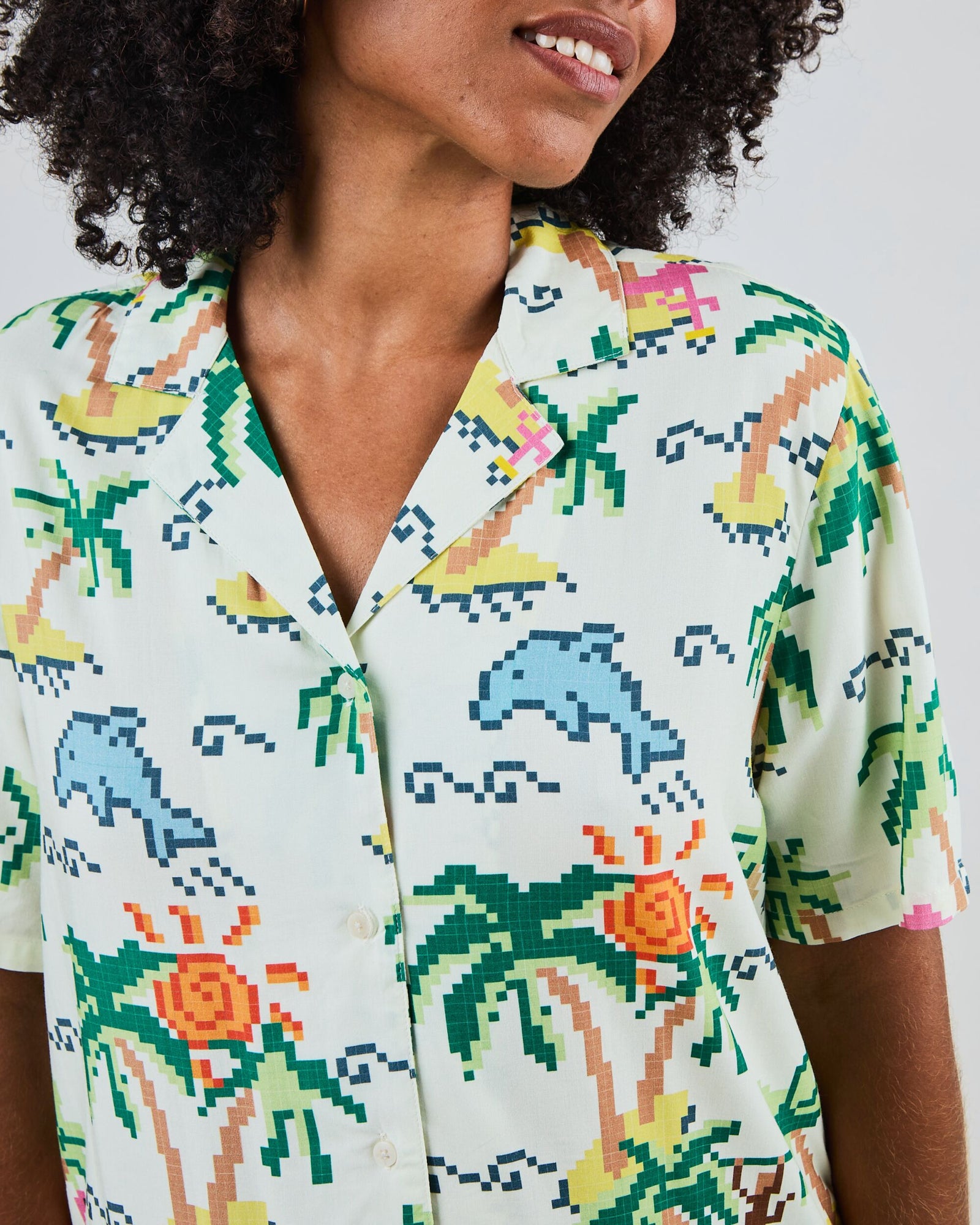 Tropical Pixel Aloha Blouse Ecru